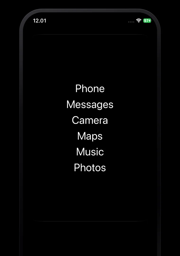 An iPhone home screen showing a Smile widget: Phone, Messages, Camera, Maps, Music and Photos as plain white words on black