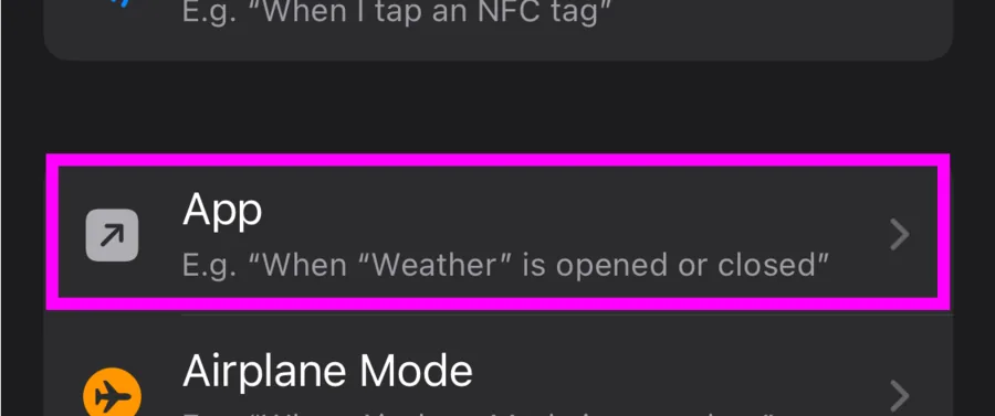 Selecting App from the list of automation triggers
