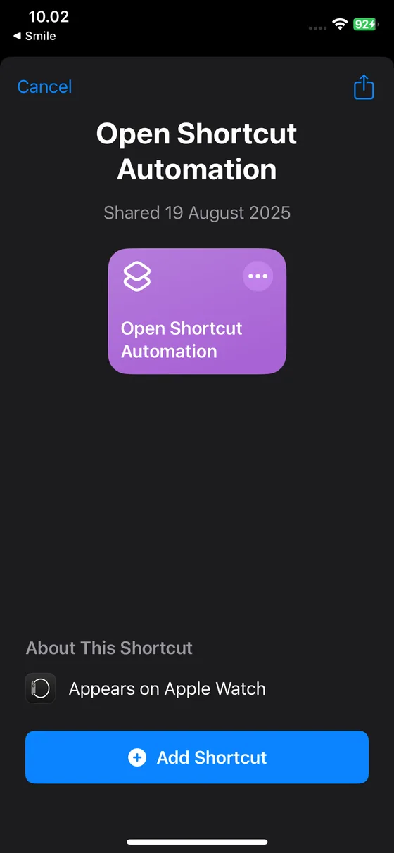 The Add Shortcut screen for the updated helper shortcut